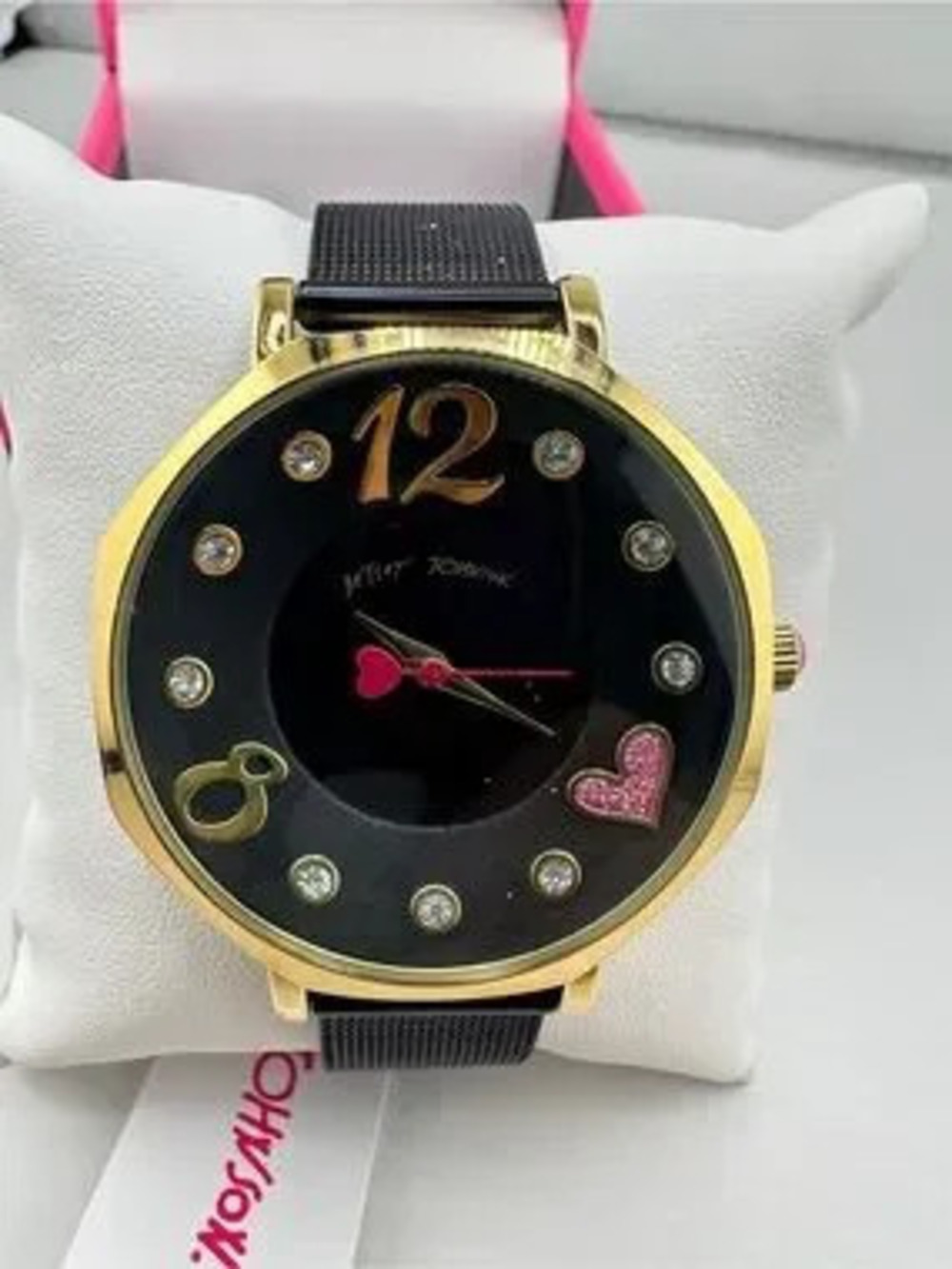 New Betsey Johnson Black and Gold Tone Women's Heart Accent Watch